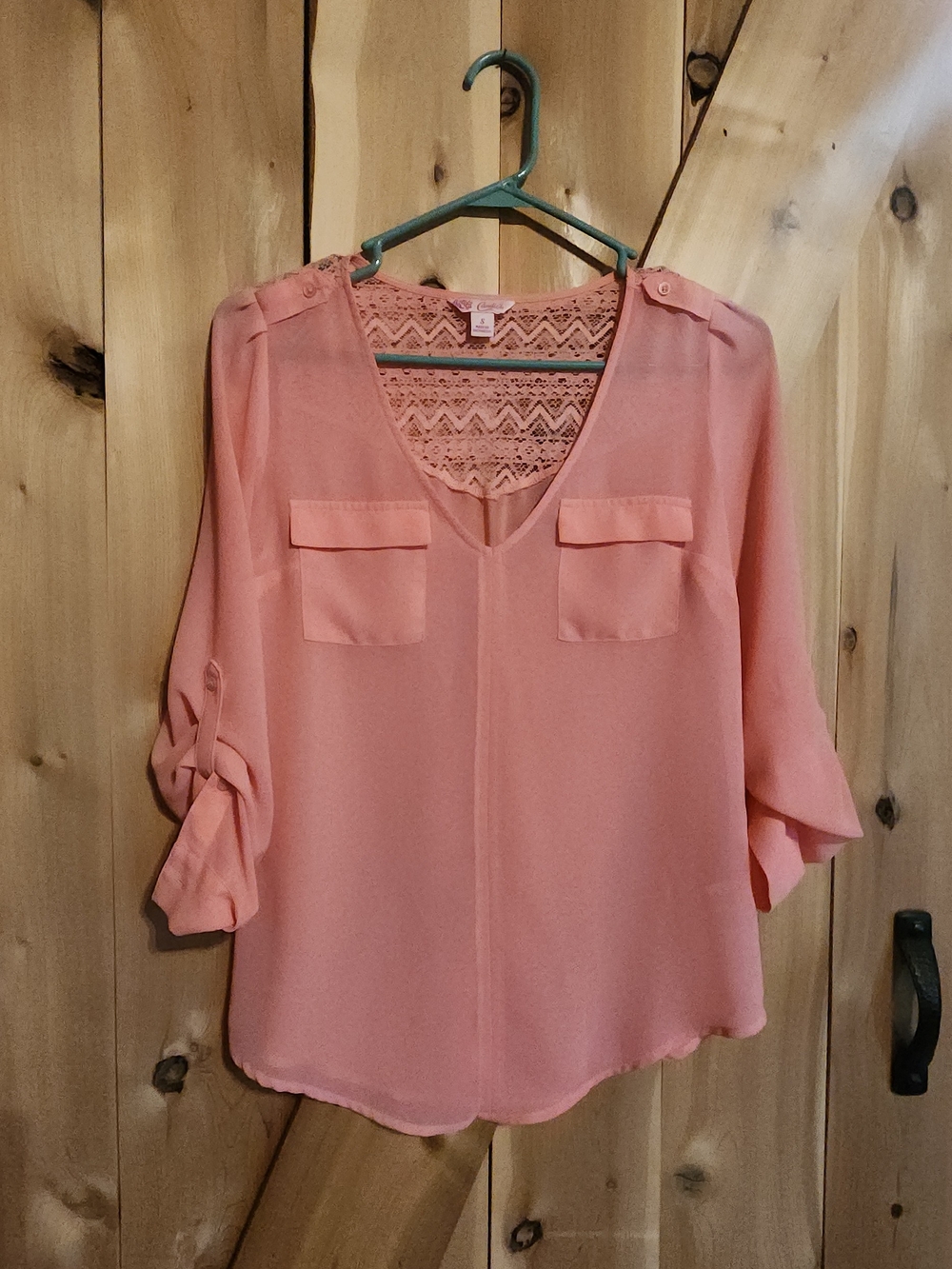 Candie's Coral Pink V-Neck Lace-Back Roll-Tab Blouse